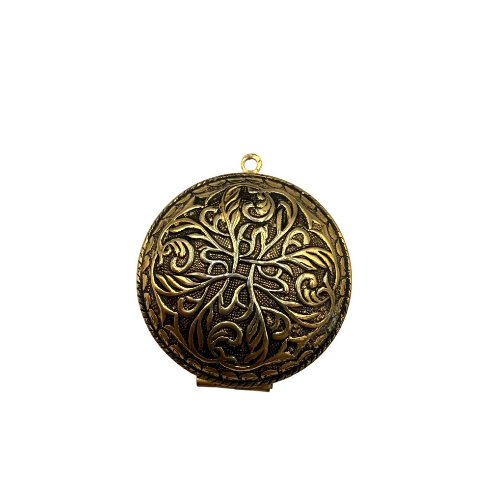 Vintage Brass Round Locket Pendant Embossed Floral‎ Scrollwork Cross Design